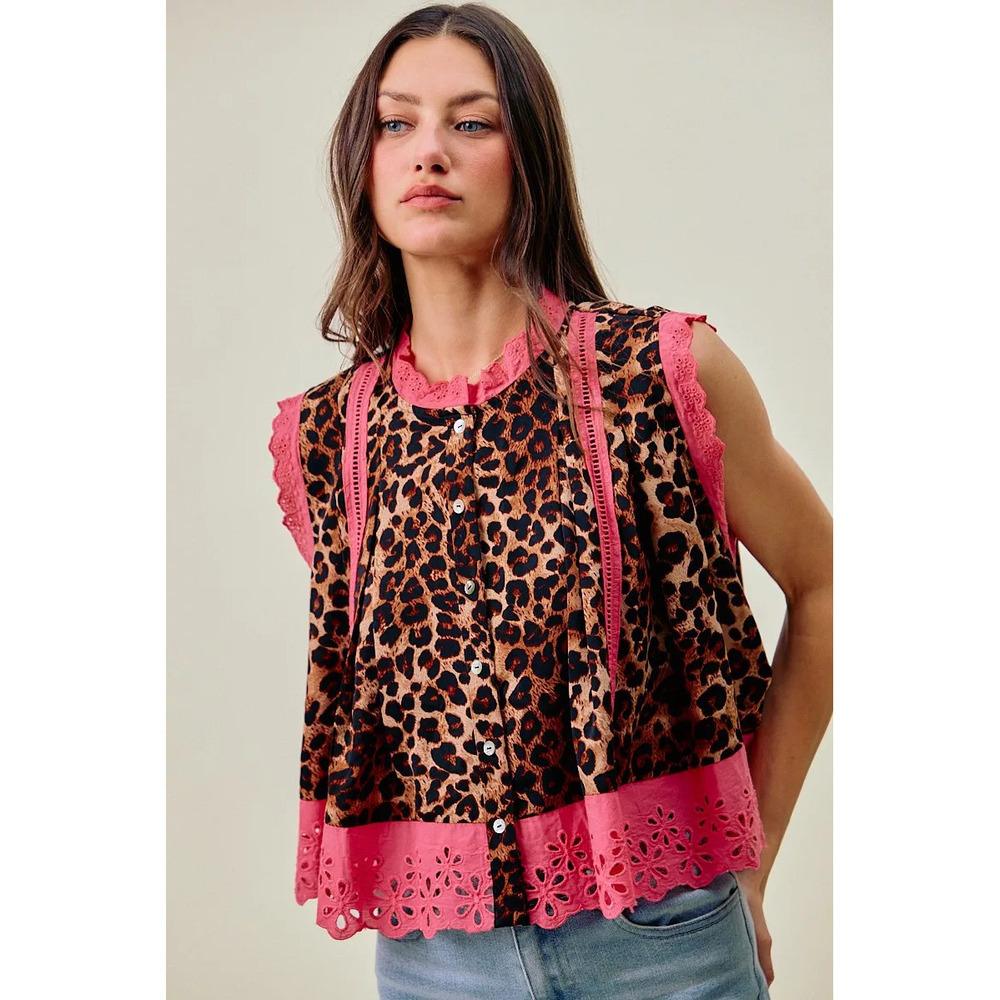 SO ME Leopard Button Up Pleated Sleeveless Blouse - Picture 7 of 7